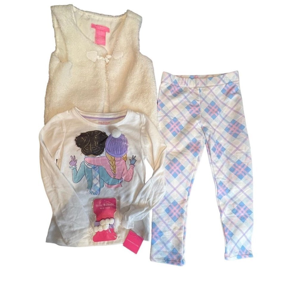 ISAAC MIZRAHI GIRLS 3 PIECE SET FLEECE VEST WHITE PEACE SIGN SEQUINS SIZE XS 4